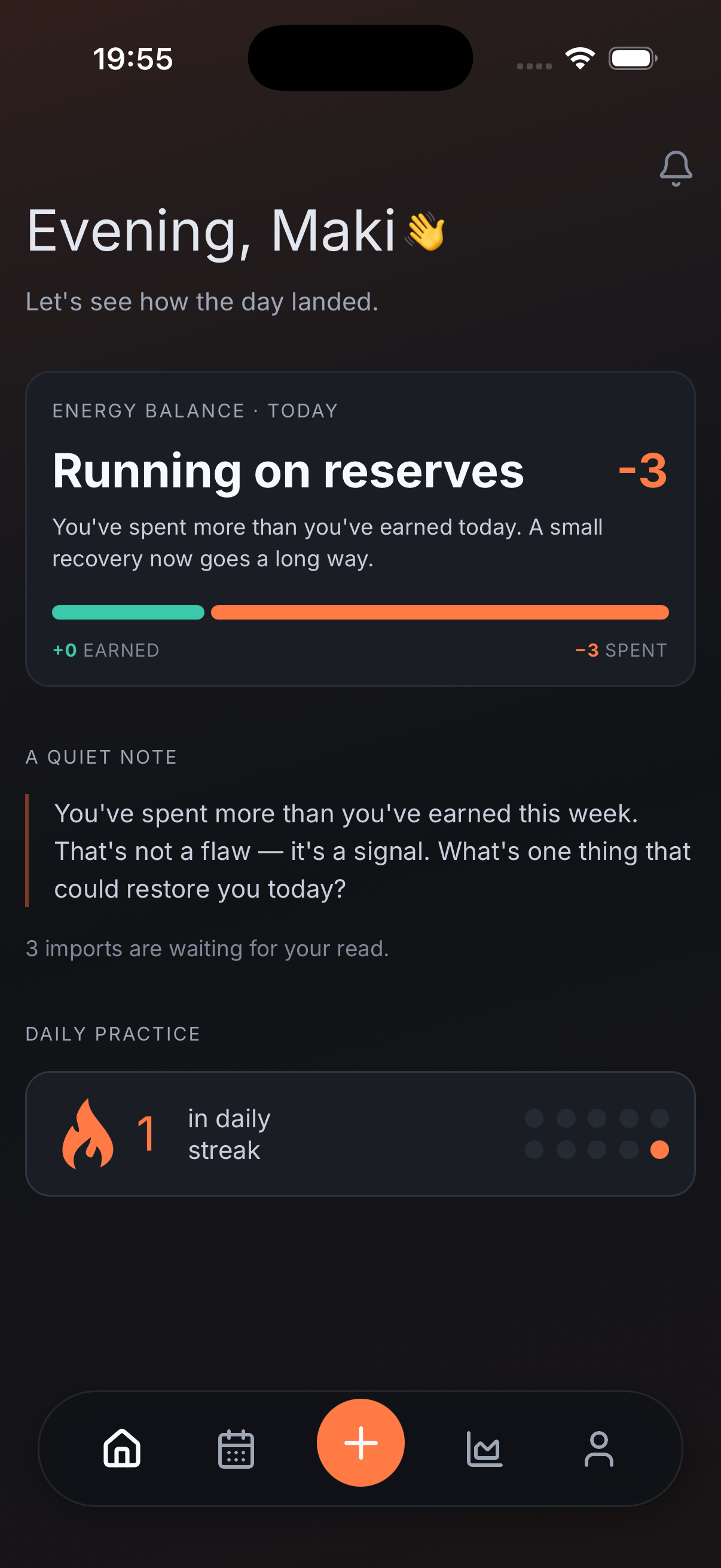Home screen showing today’s energy balance and quiet note